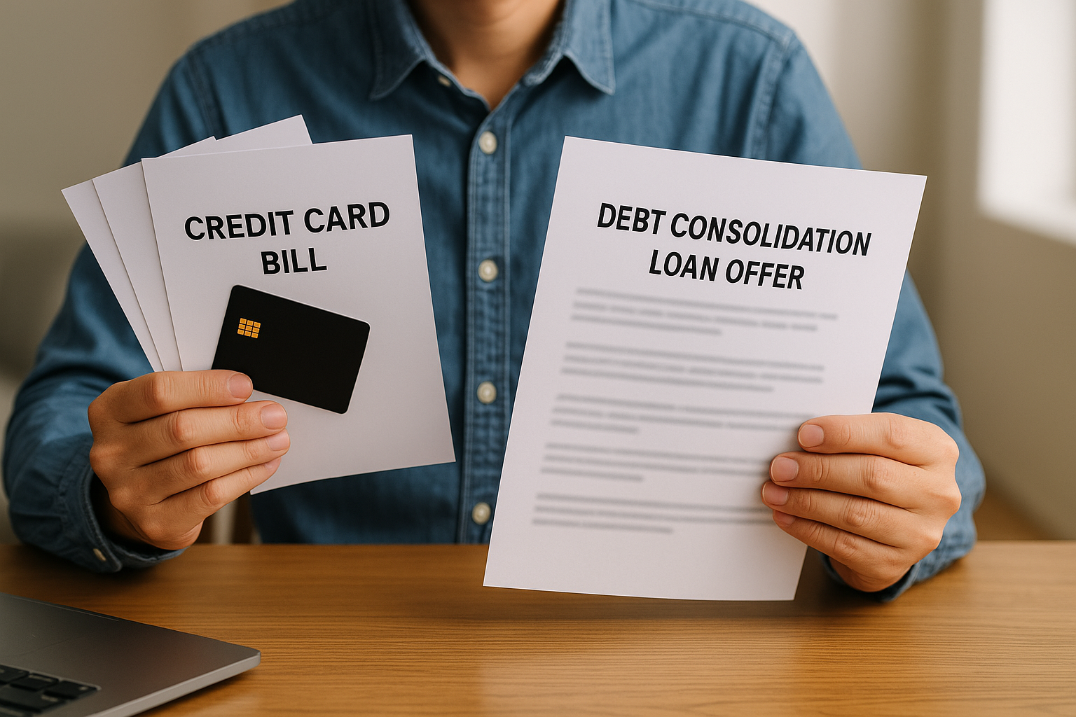 Person comparing credit card bills and a debt consolidation offer.