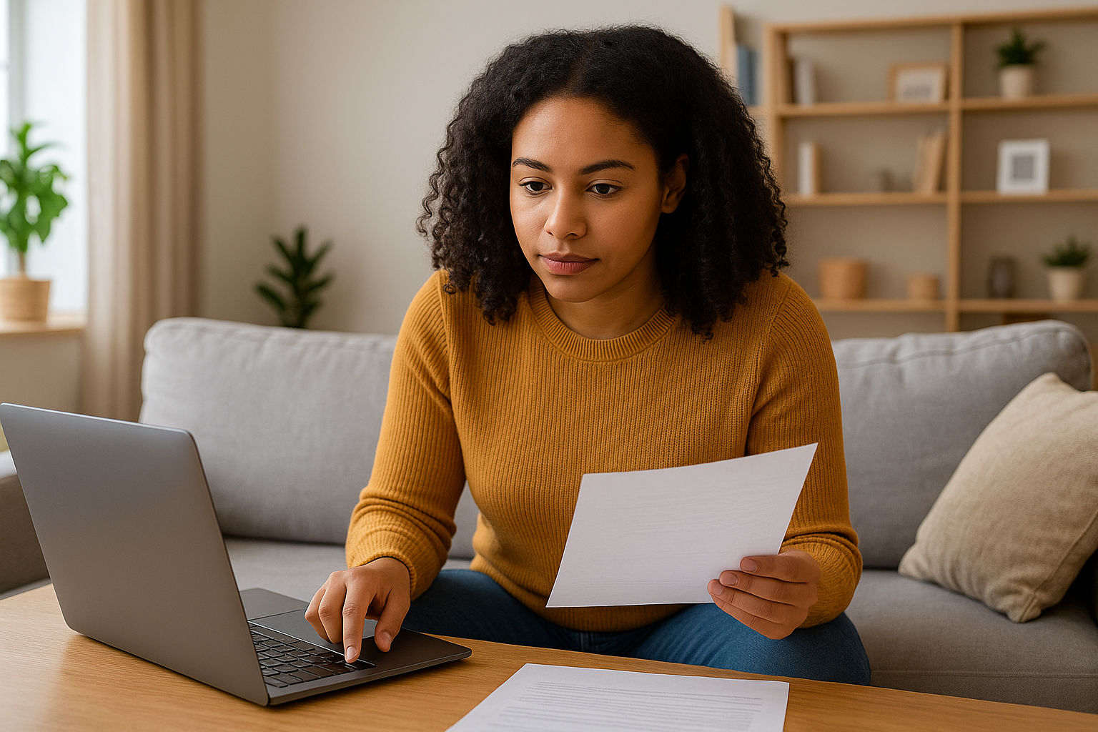 Young woman sitting on a couch using a laptop and reviewing a document while considering a personal loan.