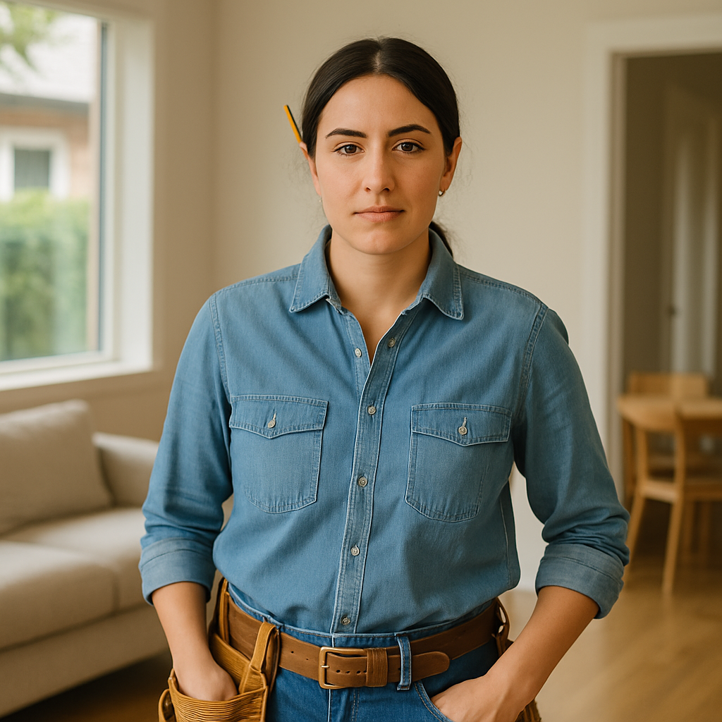 Female contractor wearing a chambray shirt and jeans, standing confidently in a bright home with a pencil tucked behind her ear.