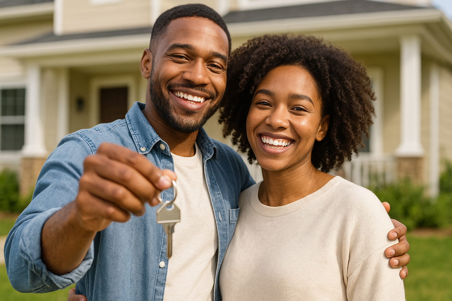 Young couple smiling and holding house keys in front of their new home, celebrating a first-time home purchase.