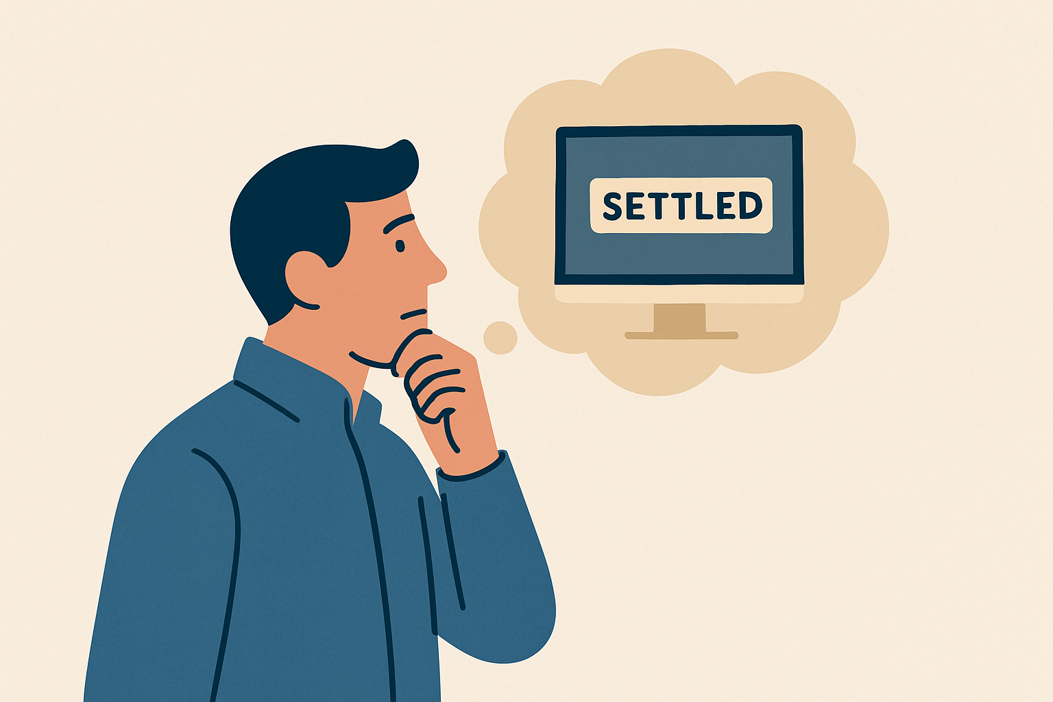A flat illustration of a man in thought, symbolizing how debt settlement and credit score decisions go hand-in-hand. Ideal for financial education or debt relief topics.