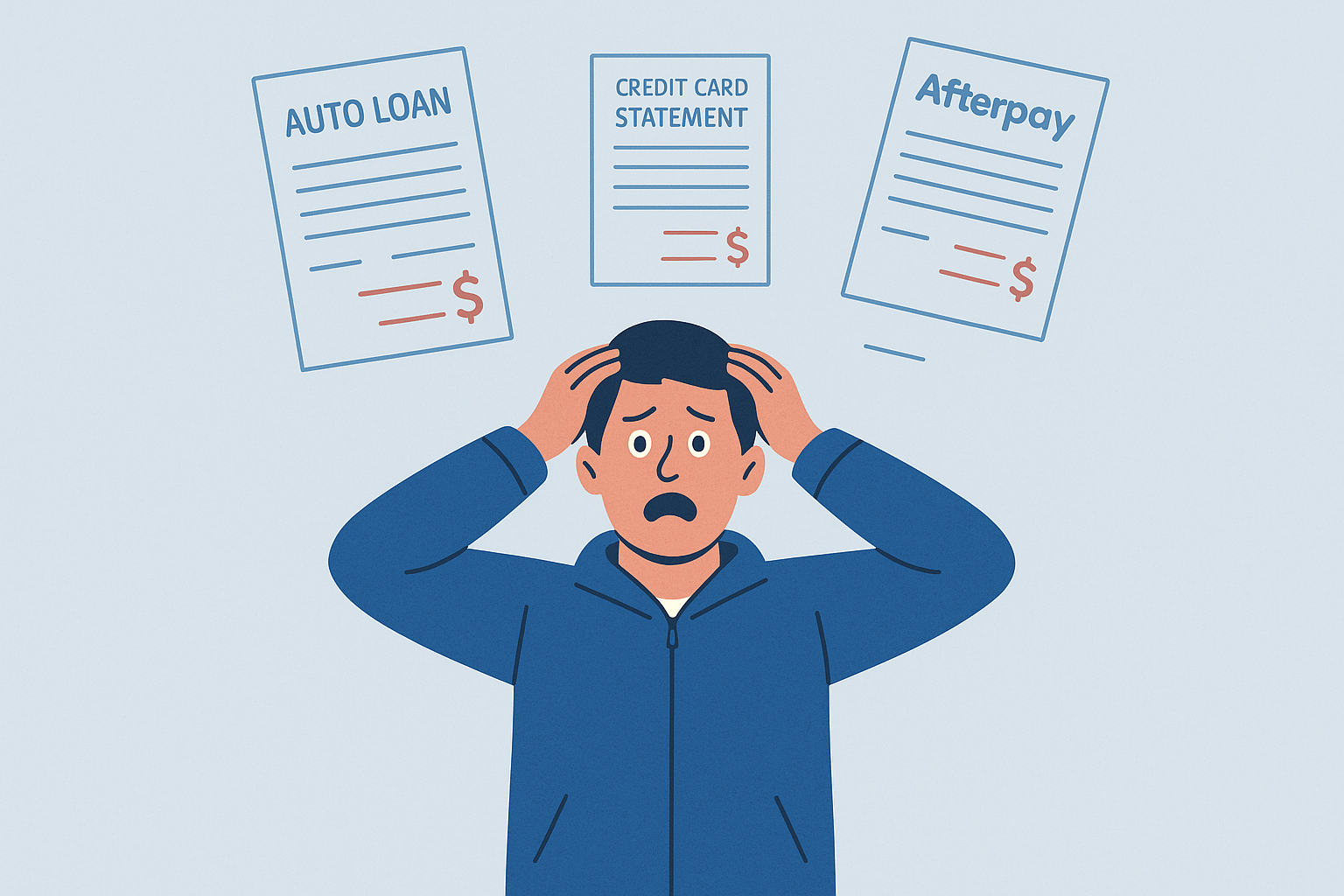 A flat illustration of a man panicking under the weight of rising debt—from auto loans to credit card bills and Afterpay balances—capturing the emotional toll of financial pressure.
