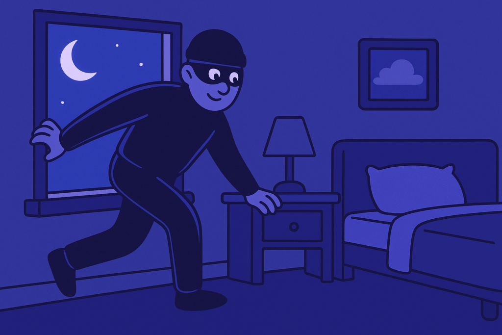 A playful illustration of a cartoon burglar sneaking through a bedroom window at night—an engaging way to highlight the value of home insurance discounts for enhanced protection and peace of mind.
