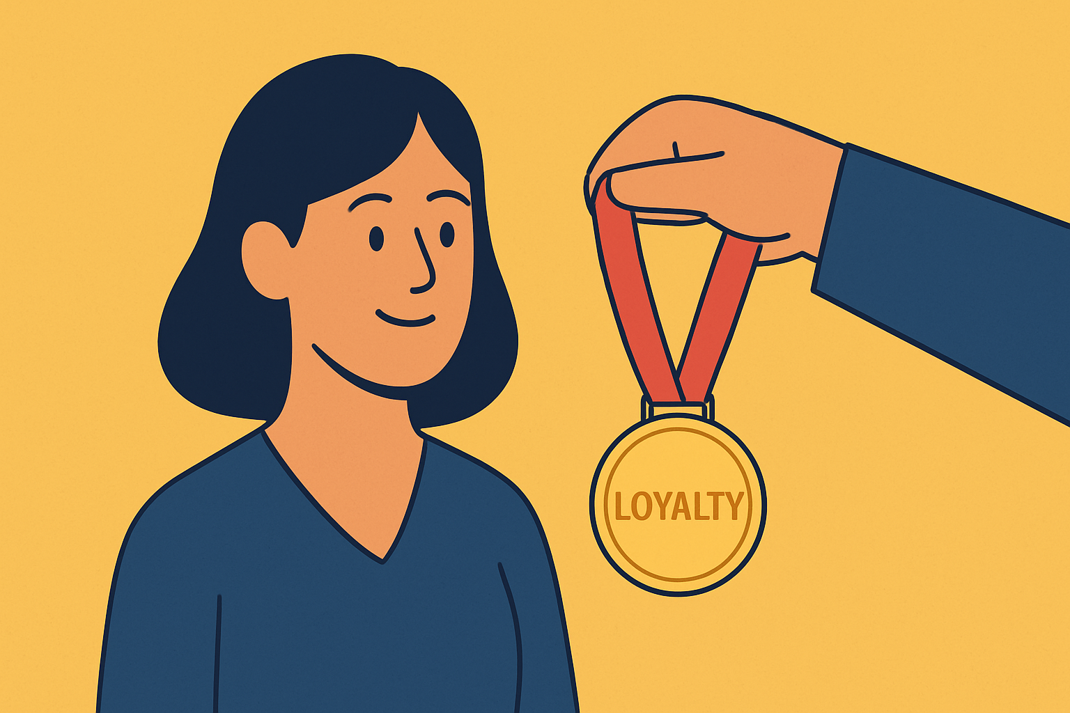 A minimalist flat illustration showing a woman being awarded a loyalty medal, symbolizing recognition and long-term value—ideal for content focused on customer rewards, retention, or insurance loyalty discounts.