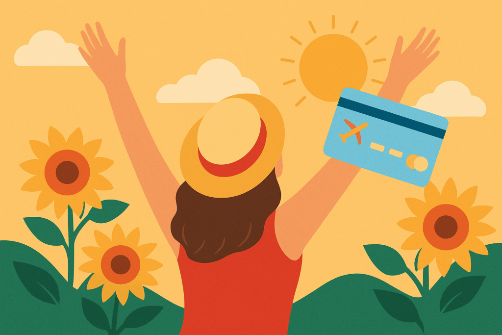 A bright flat illustration of a traveler raising her arms toward the summer sun, surrounded by sunflowers and a sky-blue credit card—capturing the joy of maximizing your travel rewards this summer for unforgettable getaways.