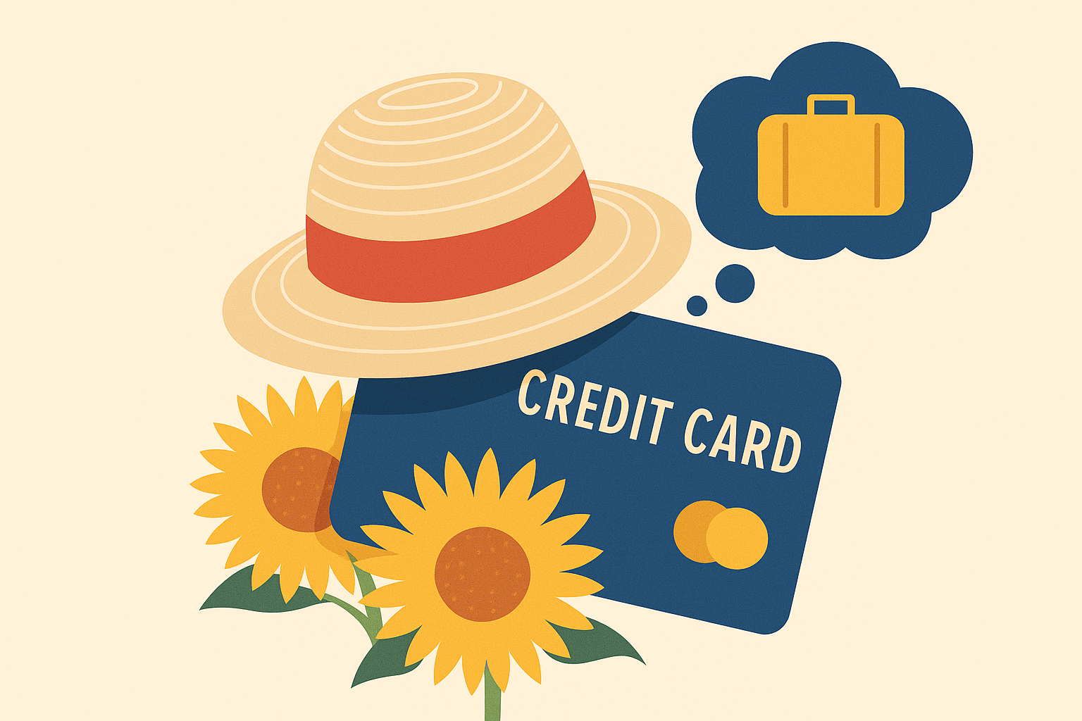 A playful flat-style illustration of a sun hat, sunflowers, and a credit card with a travel bubble—perfectly capturing the joy of using summer travel credit cards for seasonal adventures and rewards.