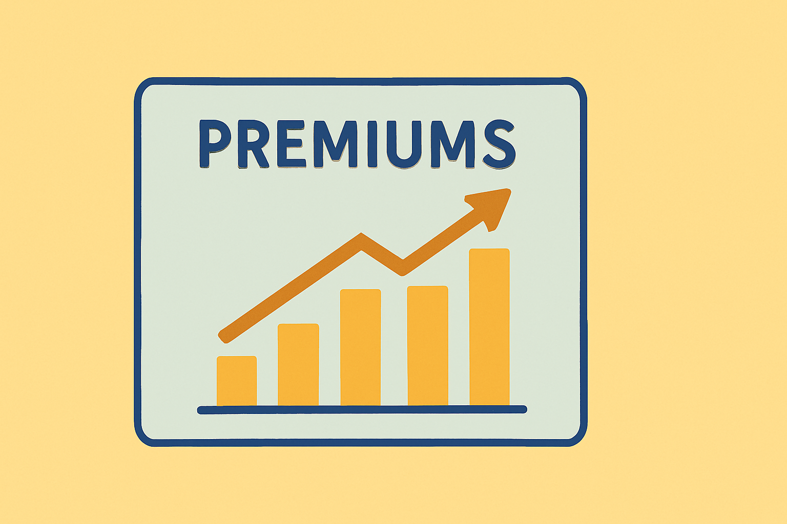 This flat-style illustration features a bold bar chart labeled “Premiums” with an upward arrow—symbolizing the rising costs that often lead drivers to consider switching car insurance for better rates and coverage.