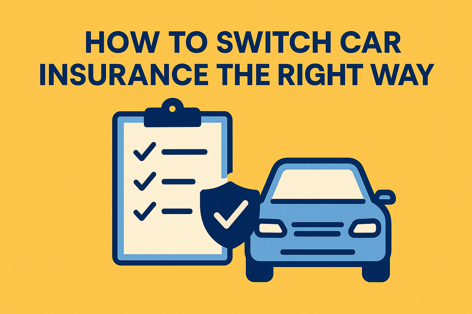 A minimalist flat illustration showing a checklist and a car beneath bold text reading “How to Switch Car Insurance the Right Way.” Ideal for articles about making smart insurance moves with confidence and clarity.