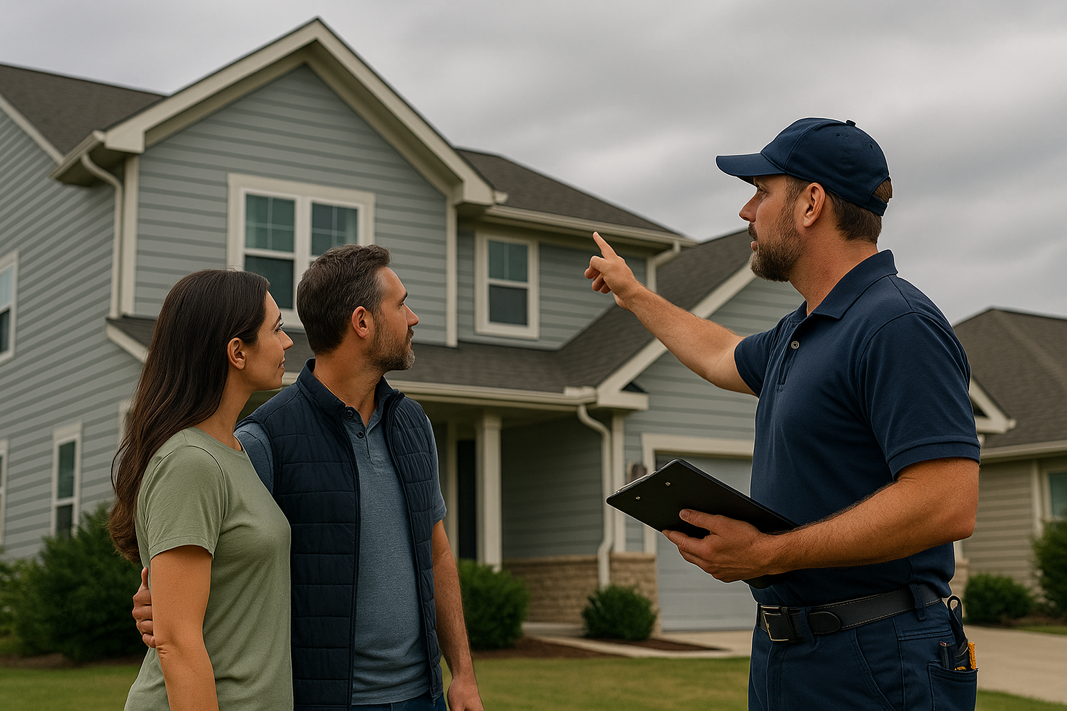 Married couple stands with insurance adjustor looking at their home’s roof on a cloudy day, preparing for an incoming storm.