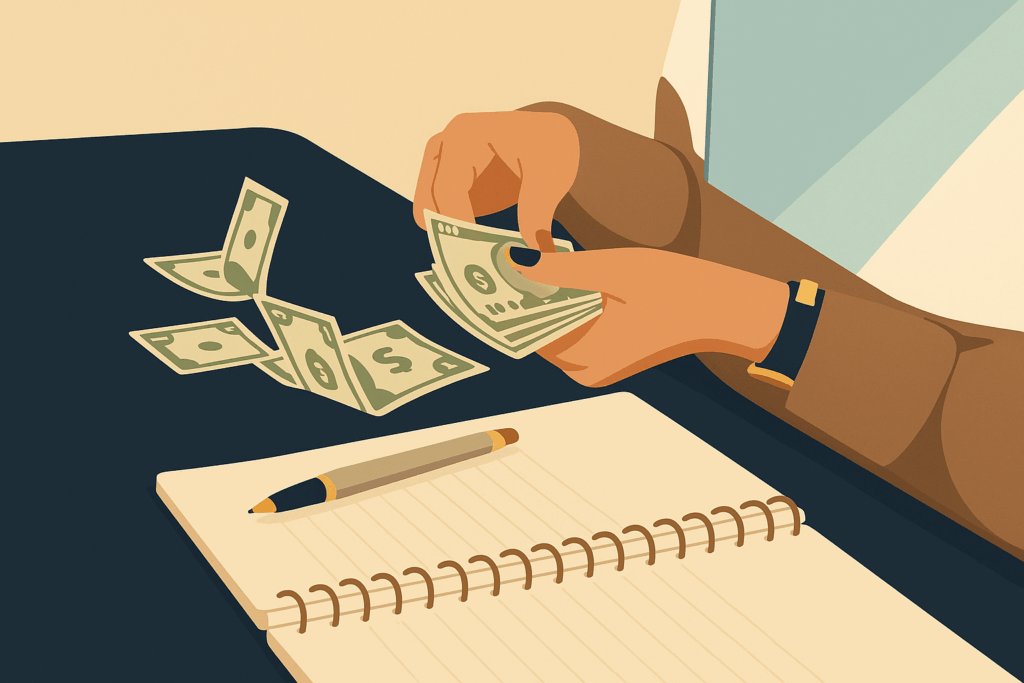 Flat illustration of a person counting cash beside a notebook and pen, representing personal budgeting as part of the debt consolidation process.