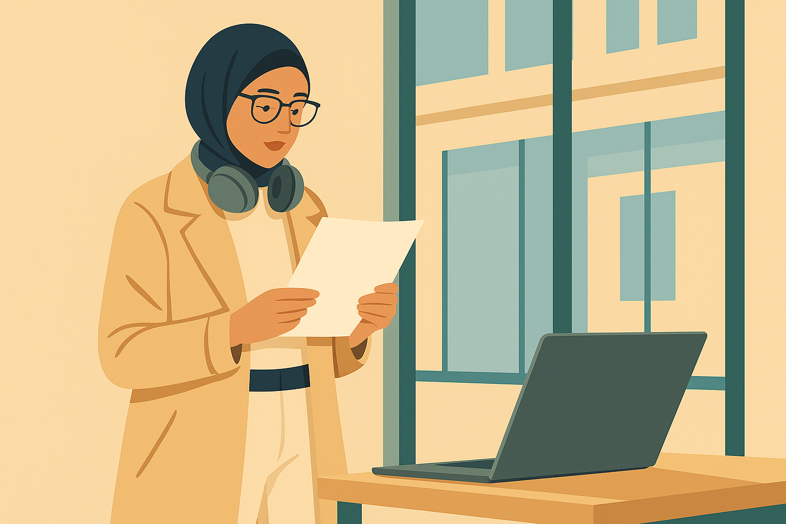 Flat-style digital illustration of a young woman stepping away from her laptop in a confident pose, symbolizing preparation and strategy before applying for a personal loan with bad credit.
