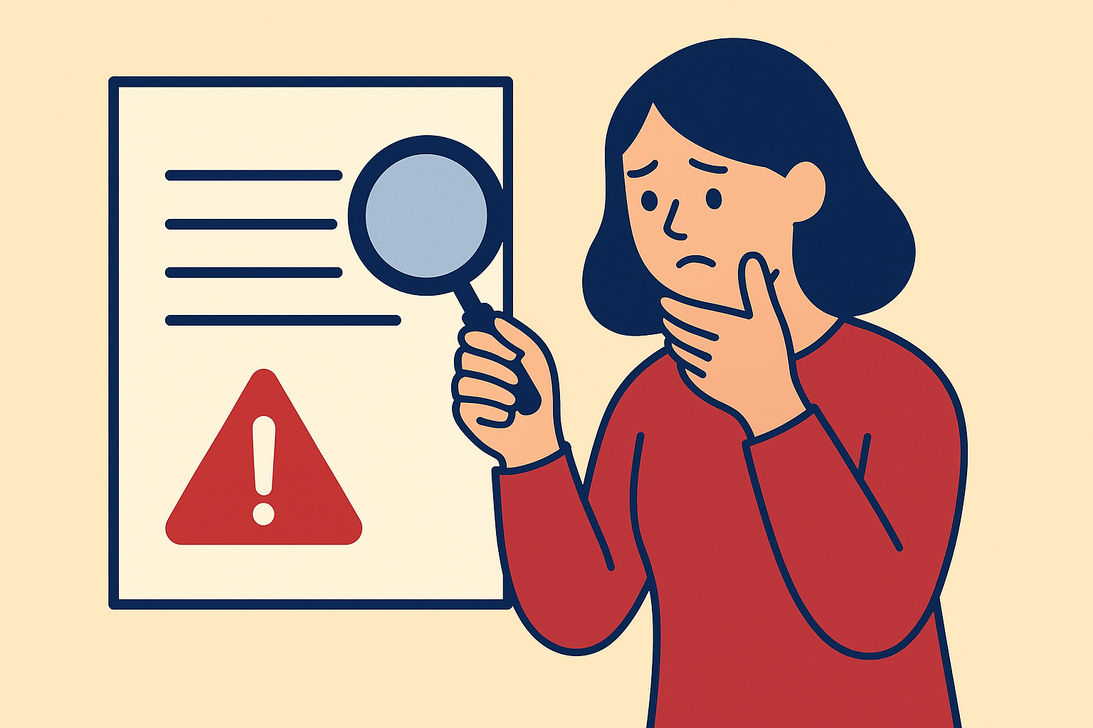 Illustration of a concerned person reviewing documents with multiple red warning signs, symbolizing red flags to watch for in debt relief scams.
