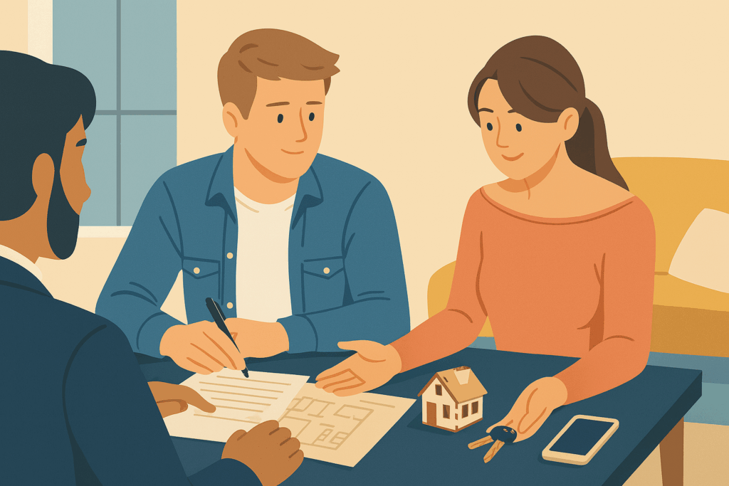Flat-style digital illustration of a couple reviewing paperwork with a loan officer to refinance mortgage, symbolizing the refinancing process and decision-making.