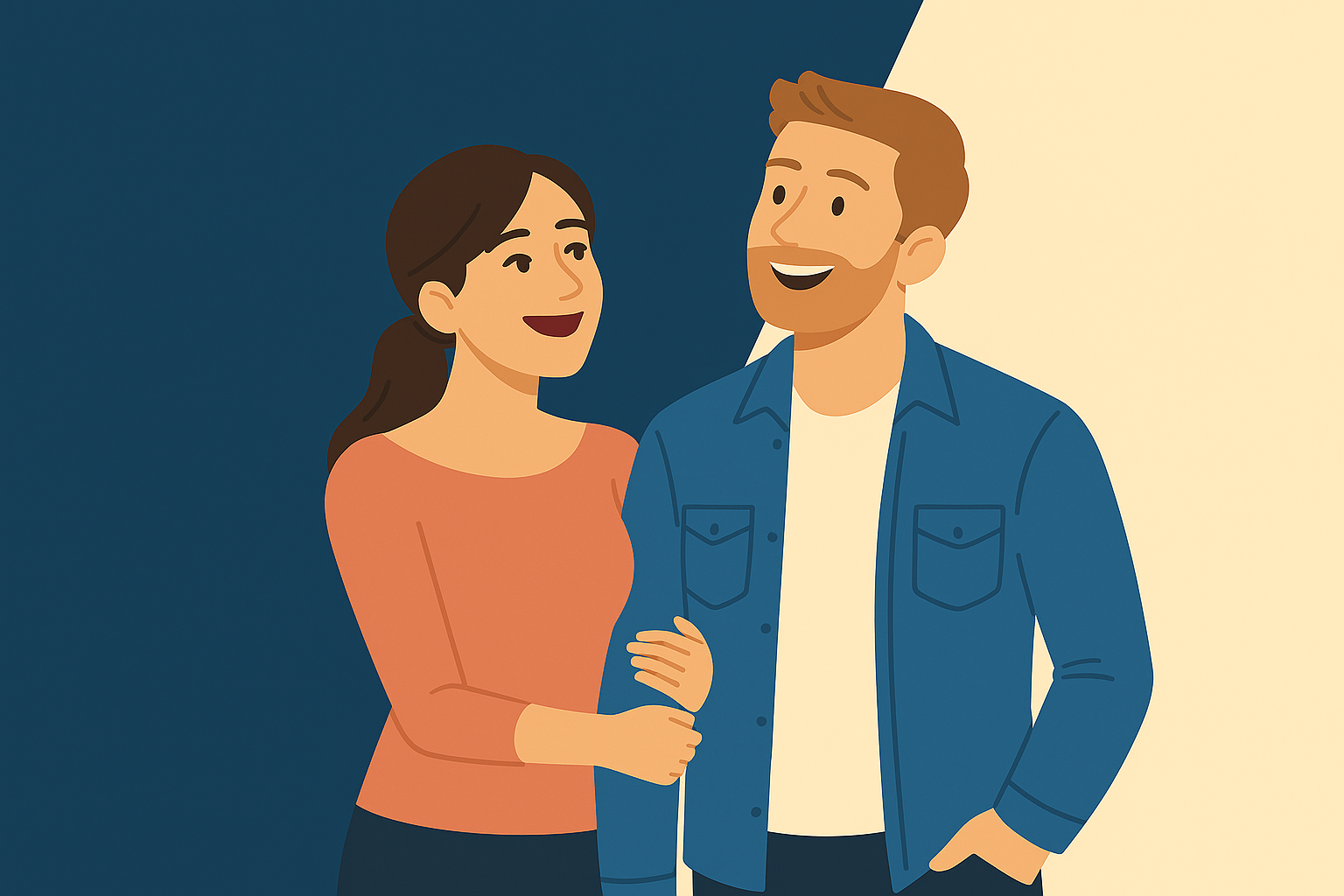 Illustration of a happy couple sitting at a table, reviewing paperwork and smiling as they plan their future after deciding to refinance their mortgage.