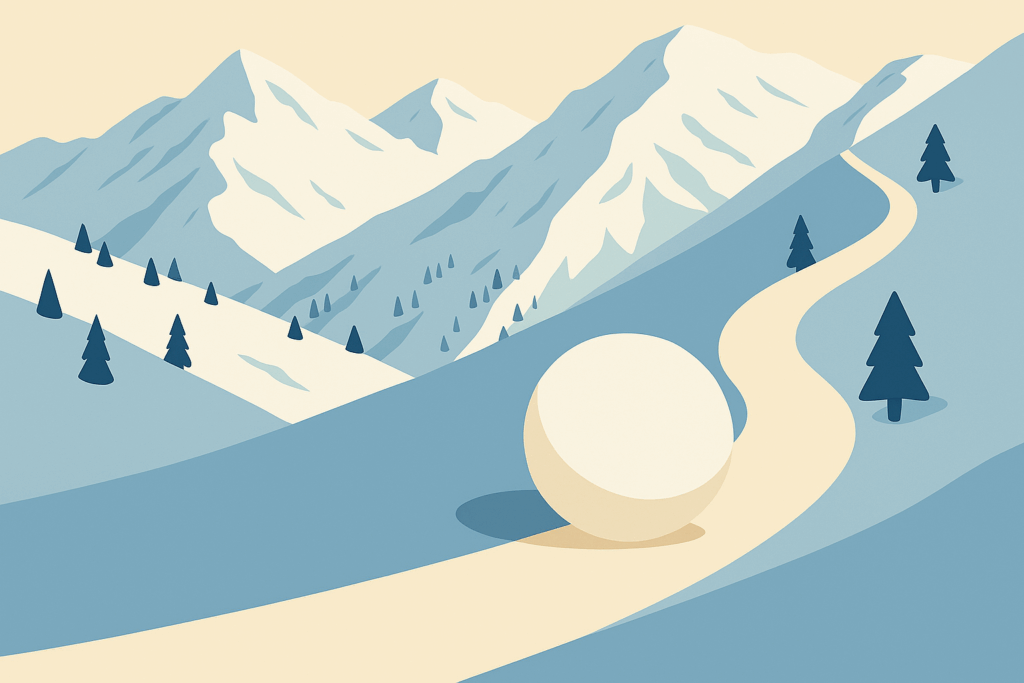 Flat-style illustration symbolizing the debt snowball vs avalanche methods, showing a person standing at the base of a snowy mountain with two distinct paths leading upward, representing different debt repayment strategies.