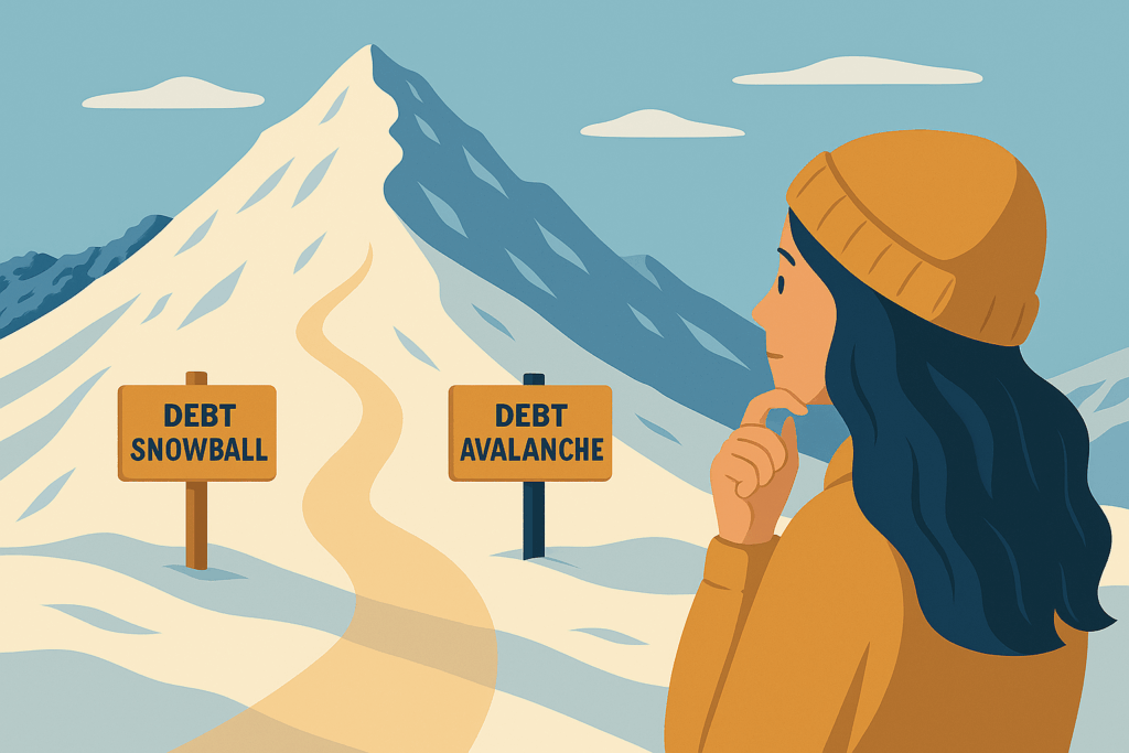 Flat-style digital illustration showing a young person considering two financial paths—one representing the debt snowball method and the other the avalanche method—symbolizing the choice between popular debt payoff strategies.