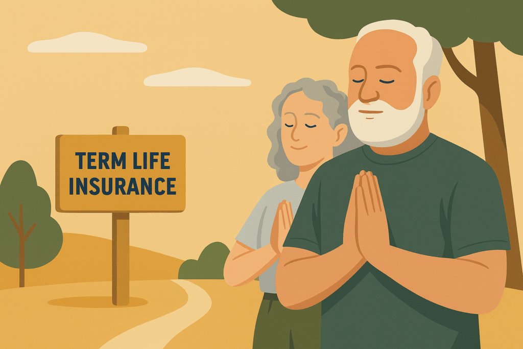 Illustration of an older couple meditating peacefully in a park, symbolizing the calm and preparedness associated with outliving term life insurance.