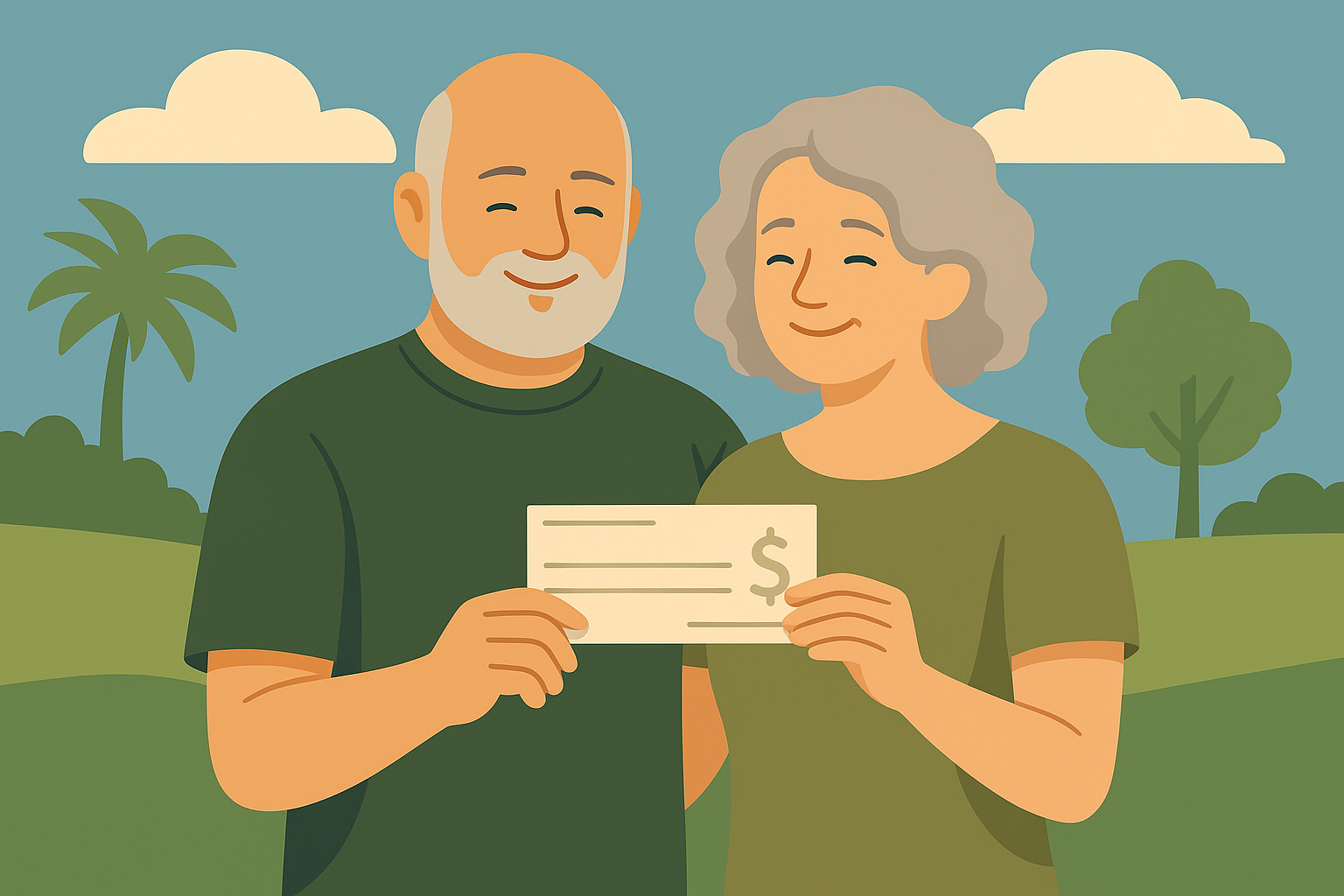 Flat-style digital illustration of an older couple at home reviewing paperwork, symbolizing a return of premium life insurance policy option. The couple appears thoughtful and content, suggesting financial planning for the future.