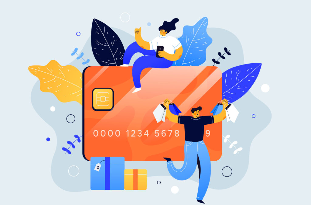 Illustrated people dancing and celebrating around credit cards and leaves because of what they can buy with their credit card cashback rewards.
