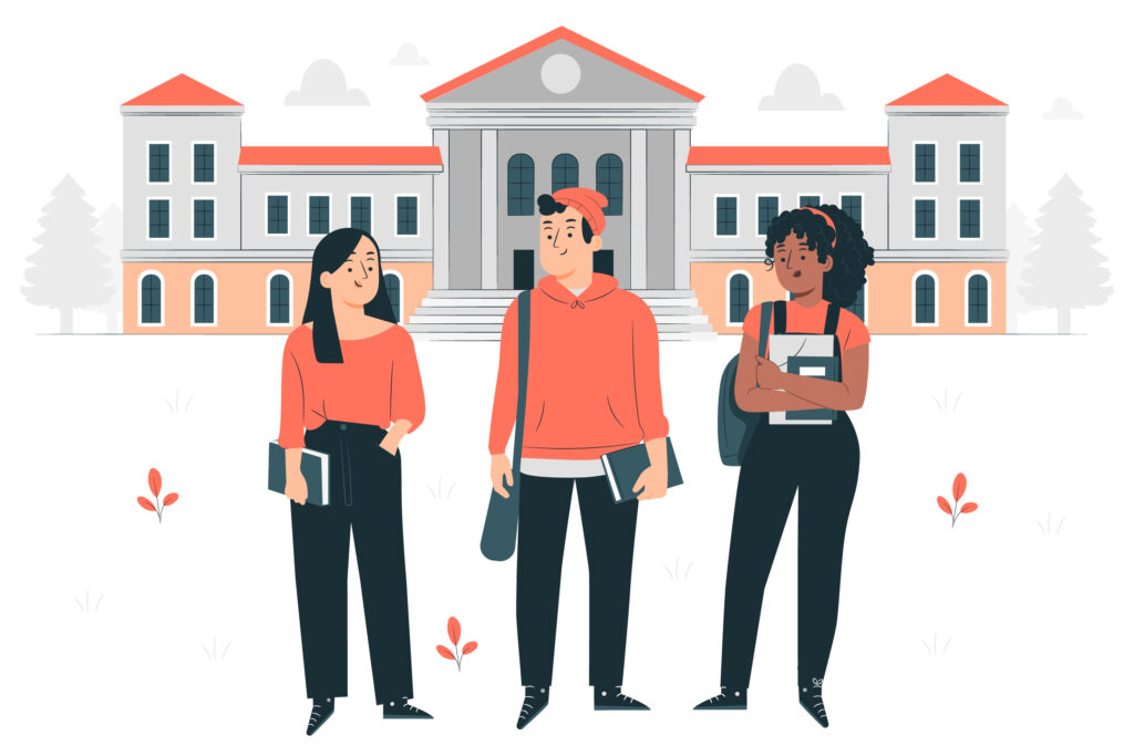 Three illustrated students hanging out in front of a school, with supplies  bought after they found out how to maximize credit card cashback rewards.