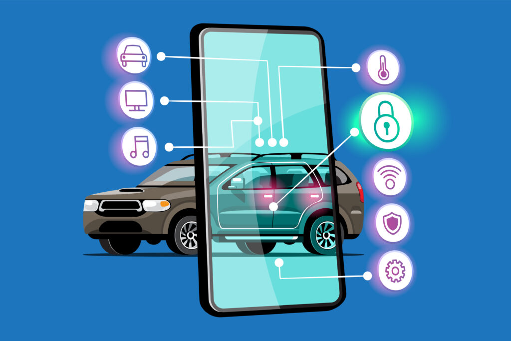 Car with a phone pointed at it showing the different ways the usage-based insurance is being calculated.
