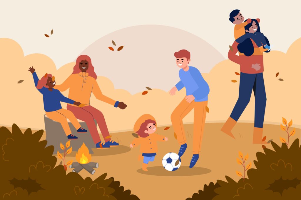 Flat illustration of families spending time together outdoors in the fall, reflecting how term life vs whole life insurance supports long-term family security