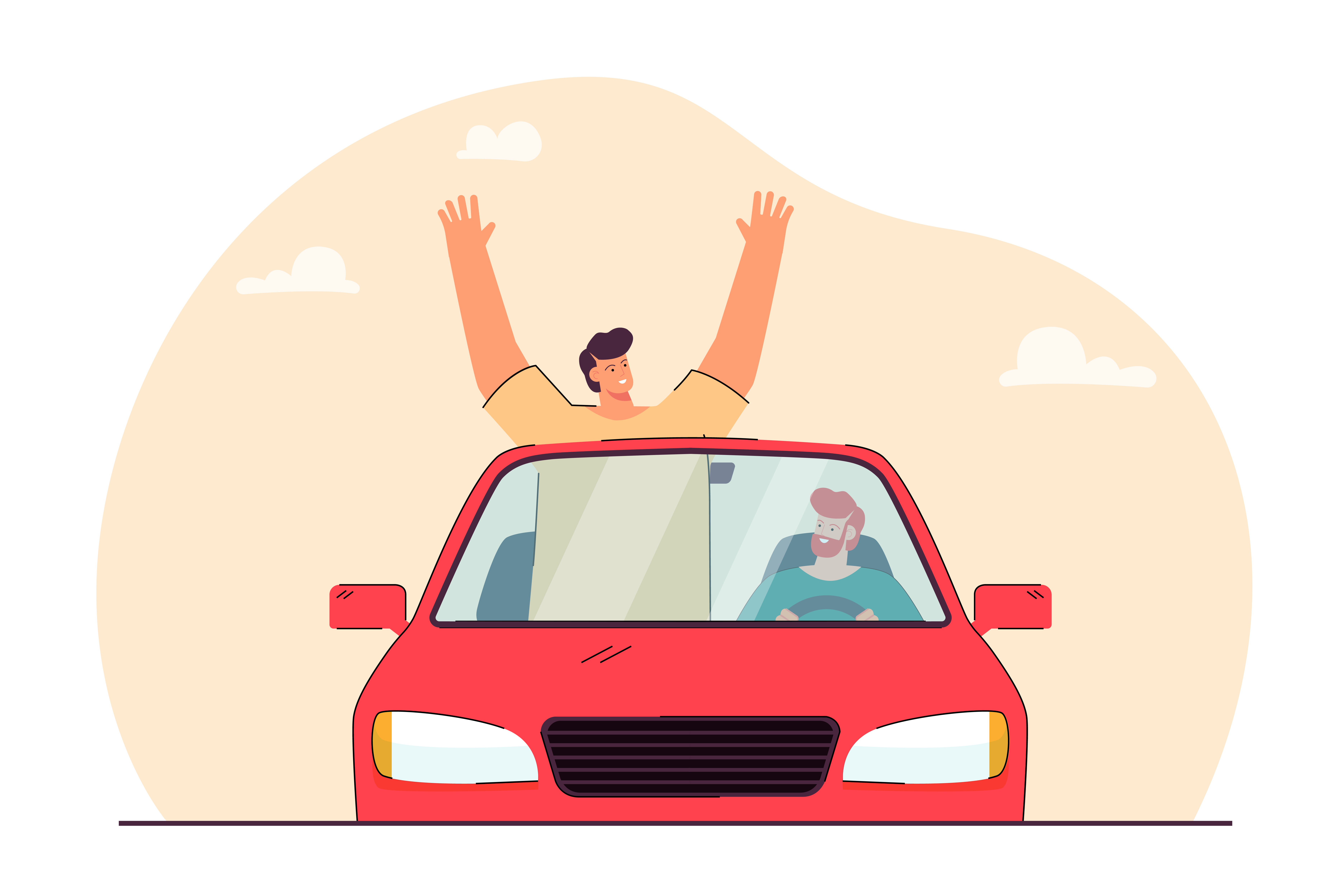 Cartoon-style illustration of a smiling passenger raising arms out of a car sunroof while another person drives, representing the joy of saving on car insurance premiums