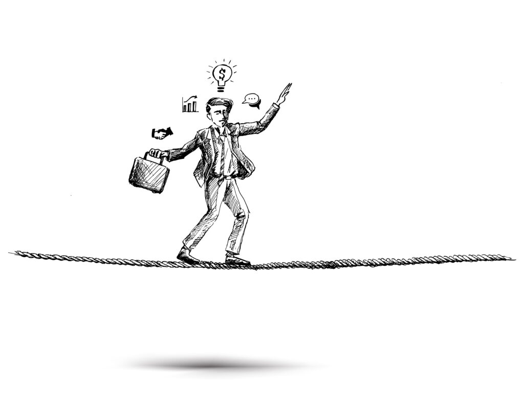 Sketch of a businessman balancing on a tightrope, symbolizing the risks and uncertainty involved in choosing debt relief strategies.