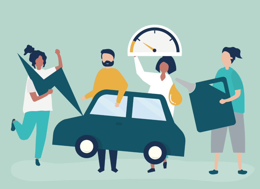 Flat illustration of four people around a car holding symbols for power, speed, and fuel, representing teamwork and strategies to lower car insurance premiums