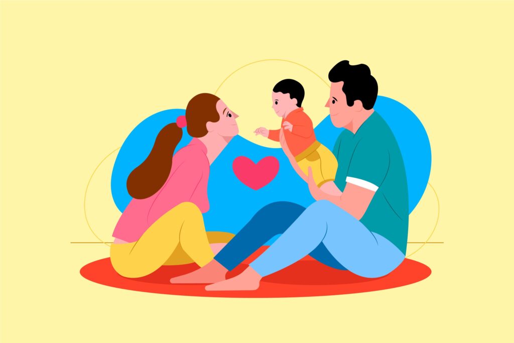 Cartoon illustration of a happy couple holding their baby, highlighting the importance of choosing between term life vs whole life insurance for new families